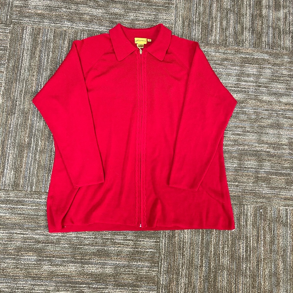 Vintage Eavear 1970s Red 100% Merino Wool Cable Knit Cardigan Sweater - size 2XL